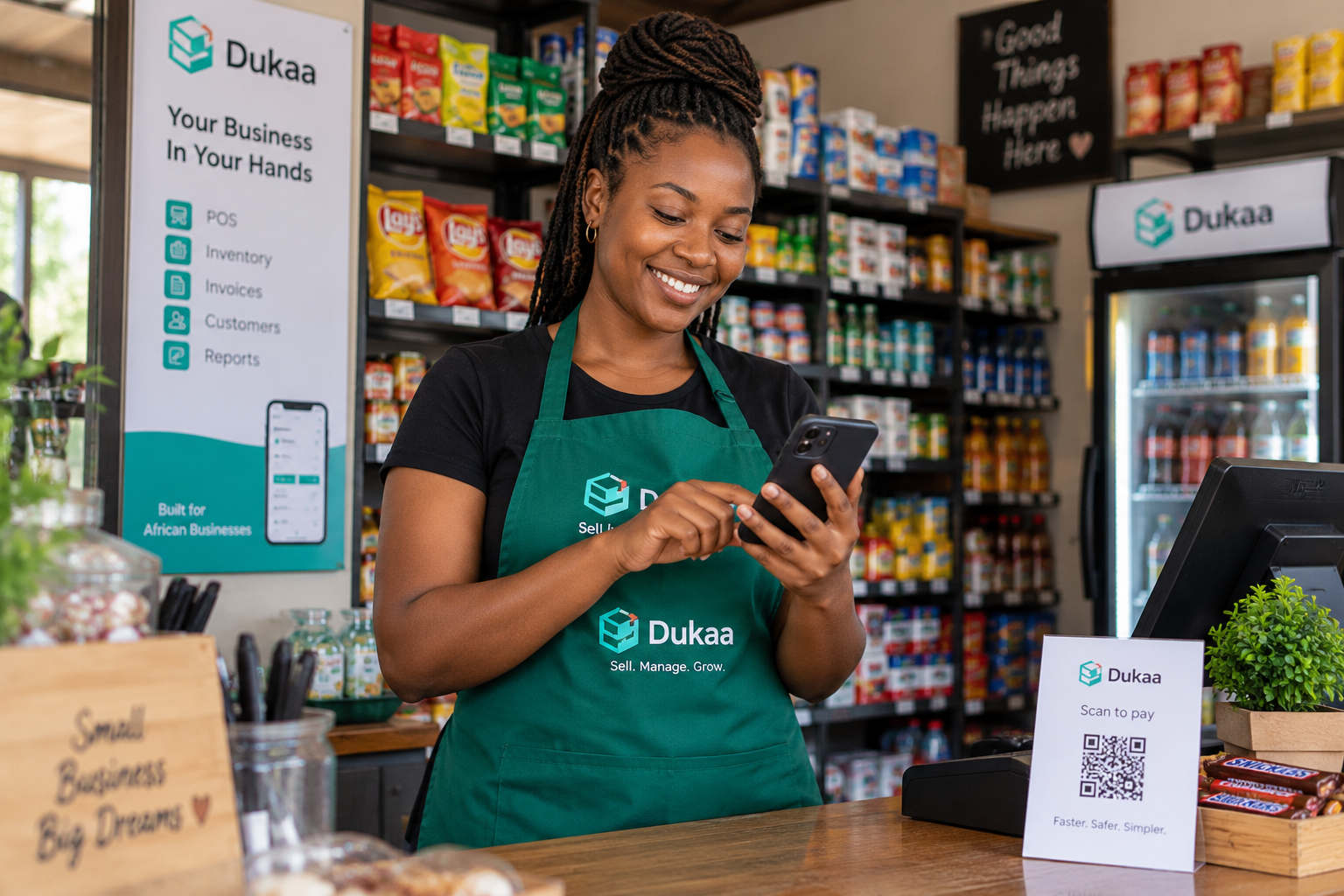 Shop owner using Dukaa on a phone behind the counter