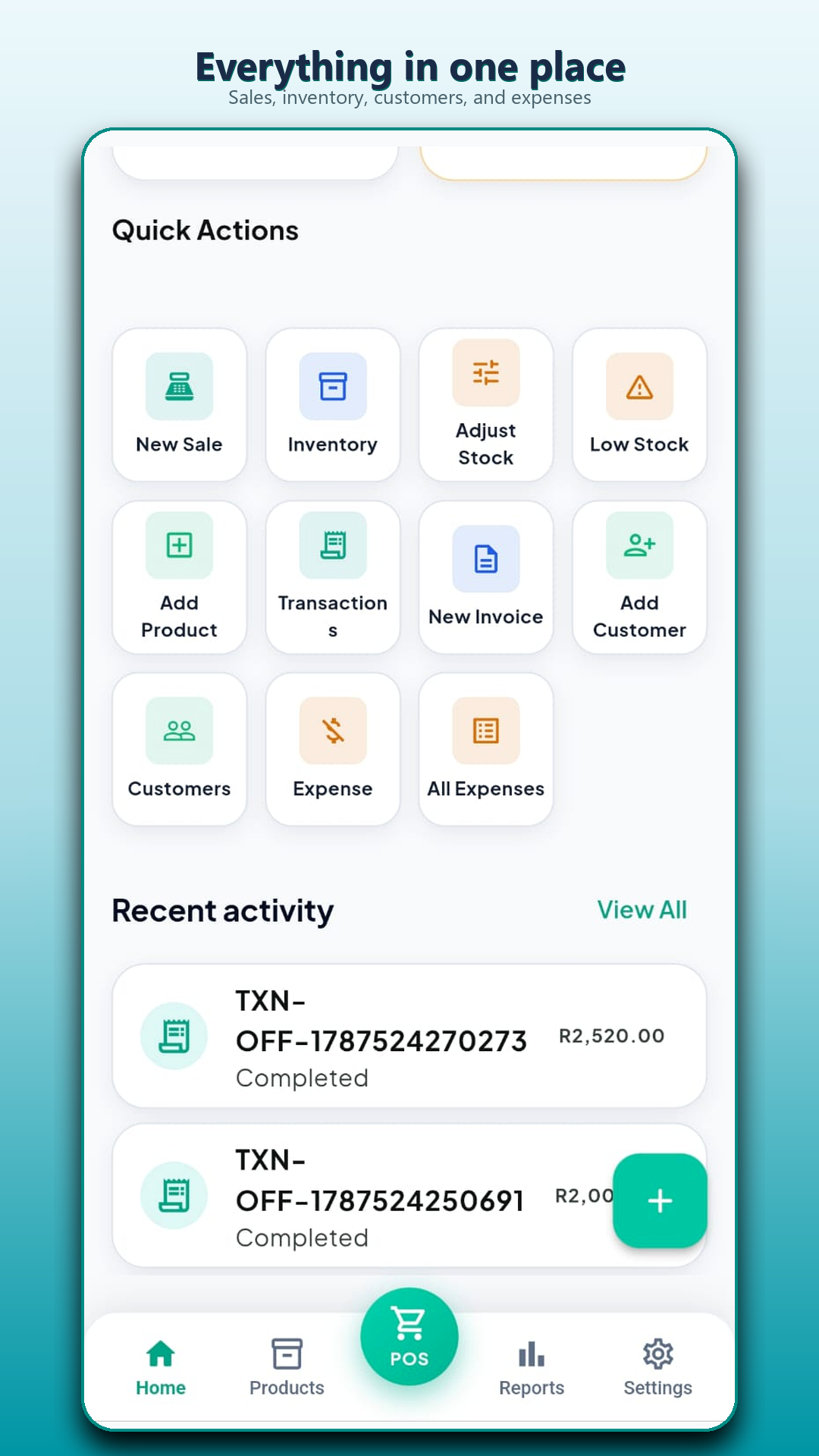 Dukaa home screen with quick actions for customers, invoices, and expenses