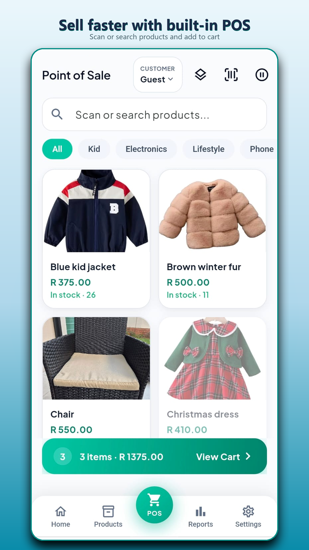 Dukaa Point of Sale: scan or search products and add them to the cart