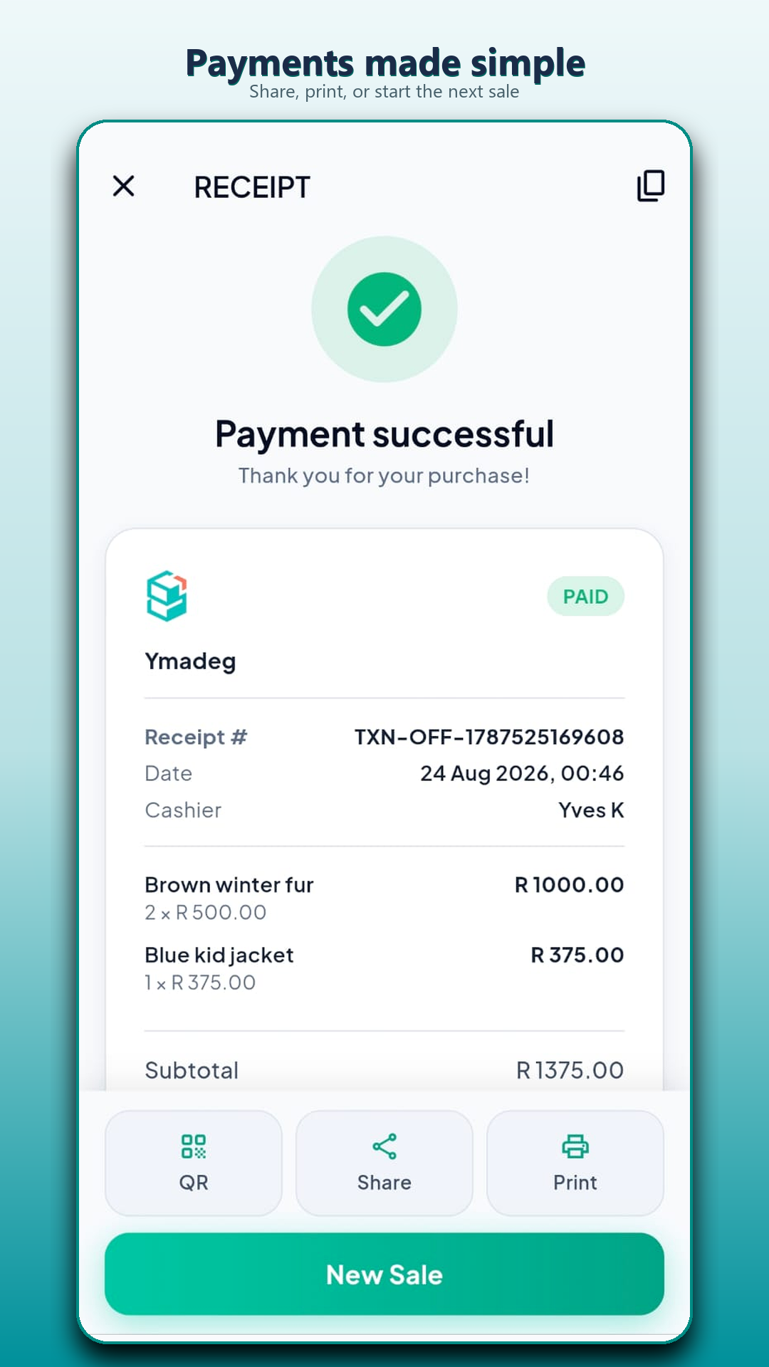Dukaa payment successful receipt with share, print, and QR options