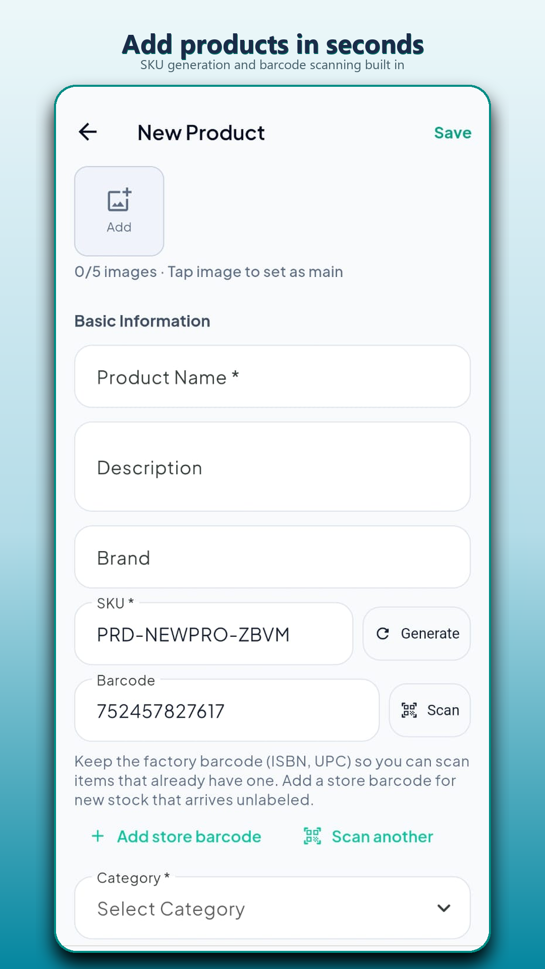Dukaa new product form with SKU generation and barcode scanning